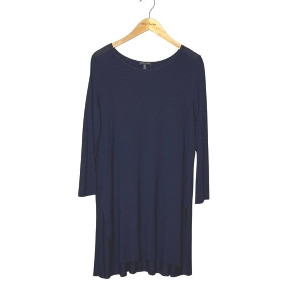 EILEEN FISHER Large Navy Knit Long Sleeve Side Slit Longline Lagenlook Tunic Top